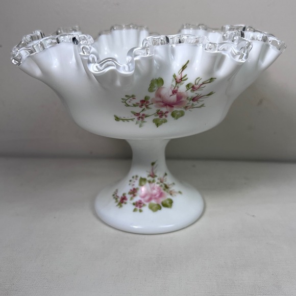 Vintage Fenton Milk Glass‎ Footed Compote Bowl Ruffled Edge Hand Painted Floral - Picture 1 of 7